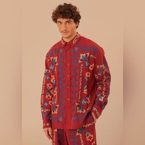 Red Floral Embroidery Jacquard Shirt- unisex